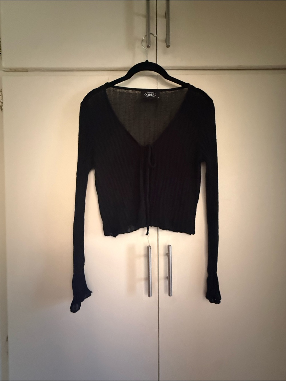 Cider Black Sheer Ribbed V-Neck Tie-Front Long Sleeve Top